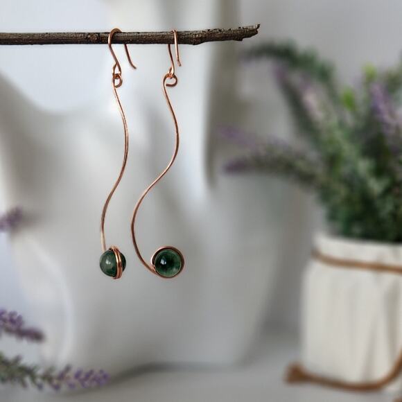 Handmade Copper Wire Wrapped Natural Green Jade Earrings - Elegant, Minimalist - Picture 6 of 8